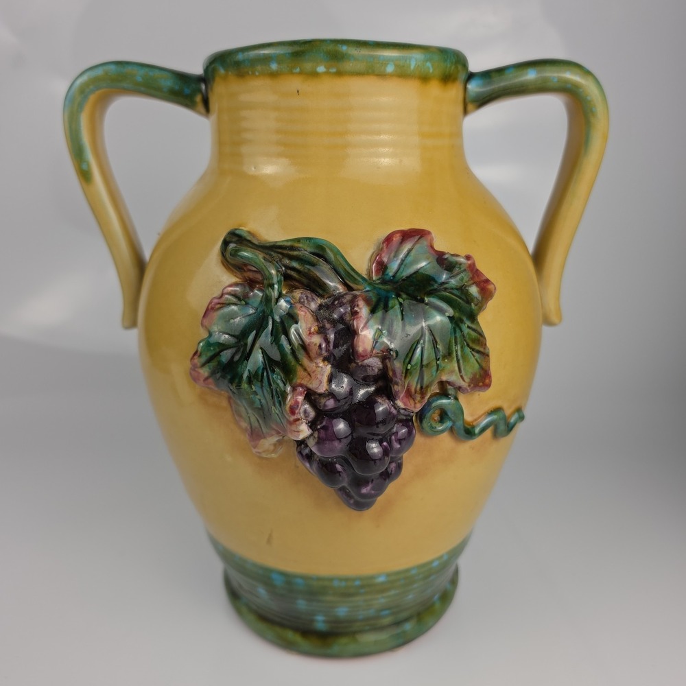 Pacific Rim Ceramic Amphora Vase Grape Leaf Relief Yellow Green Two Handle Large